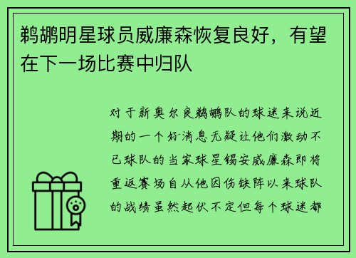 鹈鹕明星球员威廉森恢复良好，有望在下一场比赛中归队